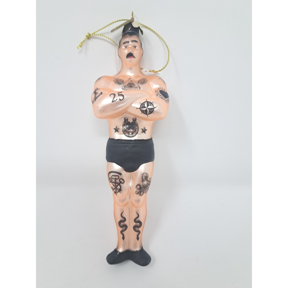 RAZ Imports Eric Cortina Tattooed Strongman Glass Christmas Ornament NEW